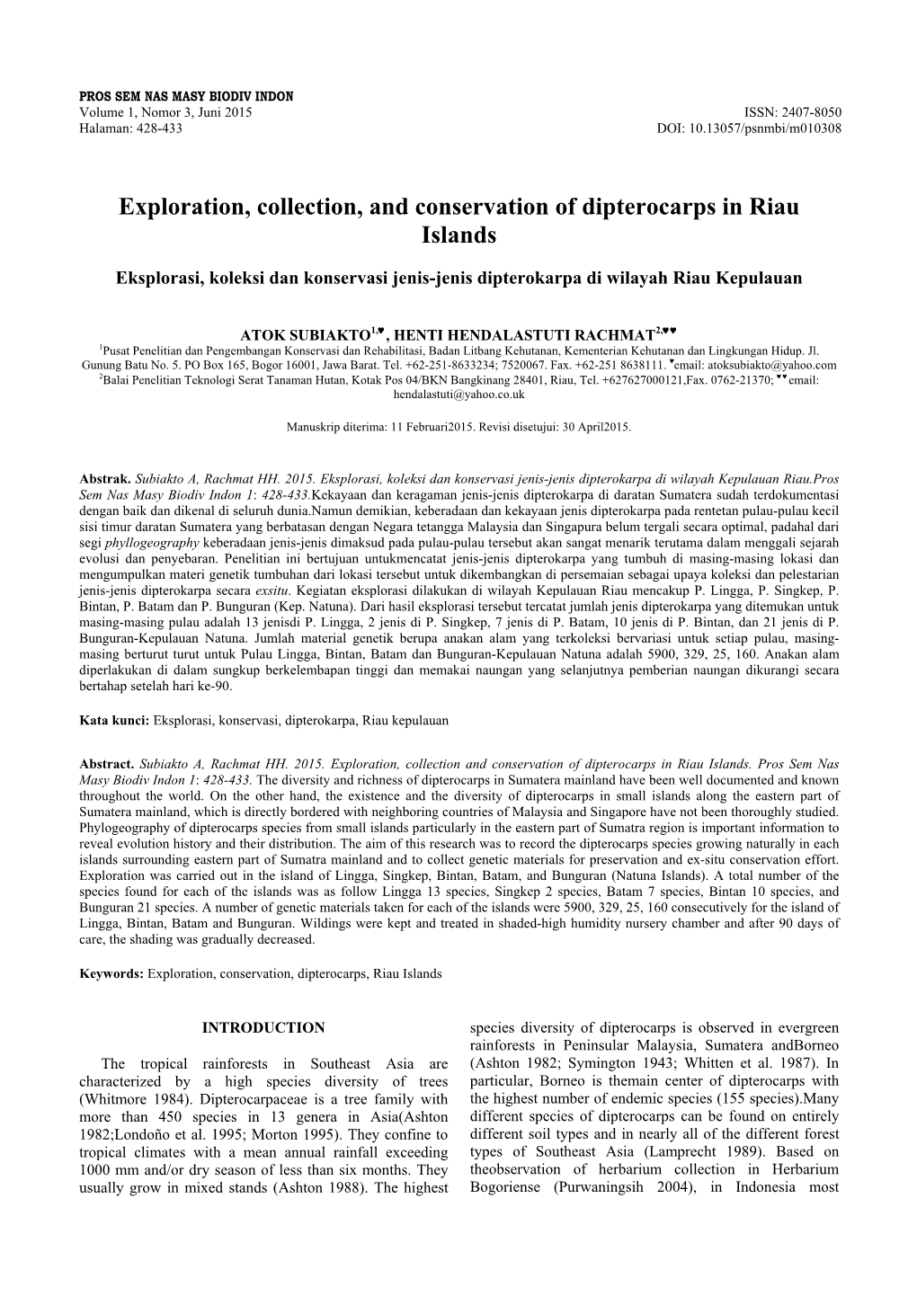Exploration, Collection, and Conservation of Dipterocarps in Riau Islands