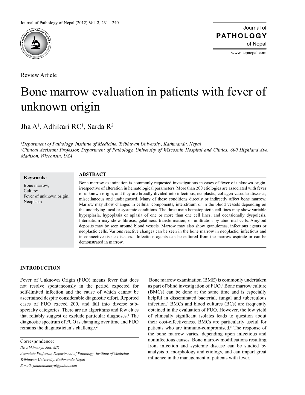 Bone Marrow Evaluation in Patients with Fever of Unknown Origin