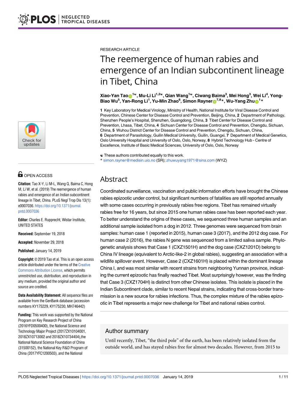 The Reemergence of Human Rabies and Emergence of an Indian Subcontinent Lineage in Tibet, China