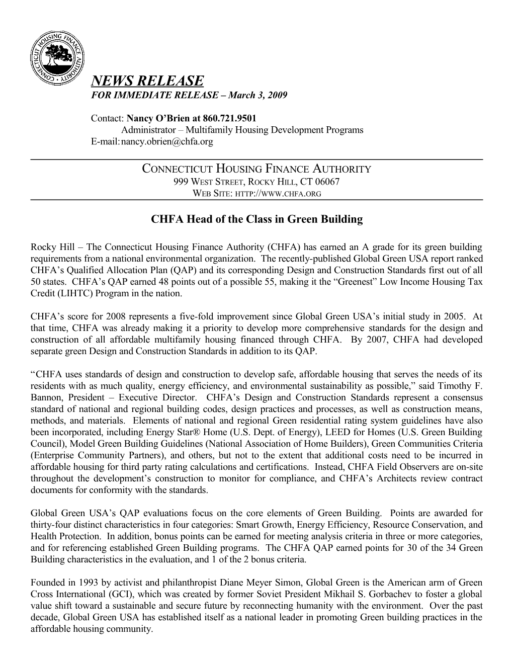 2009 Global Green USA Press Release CHFA Head of the Class in Green Building