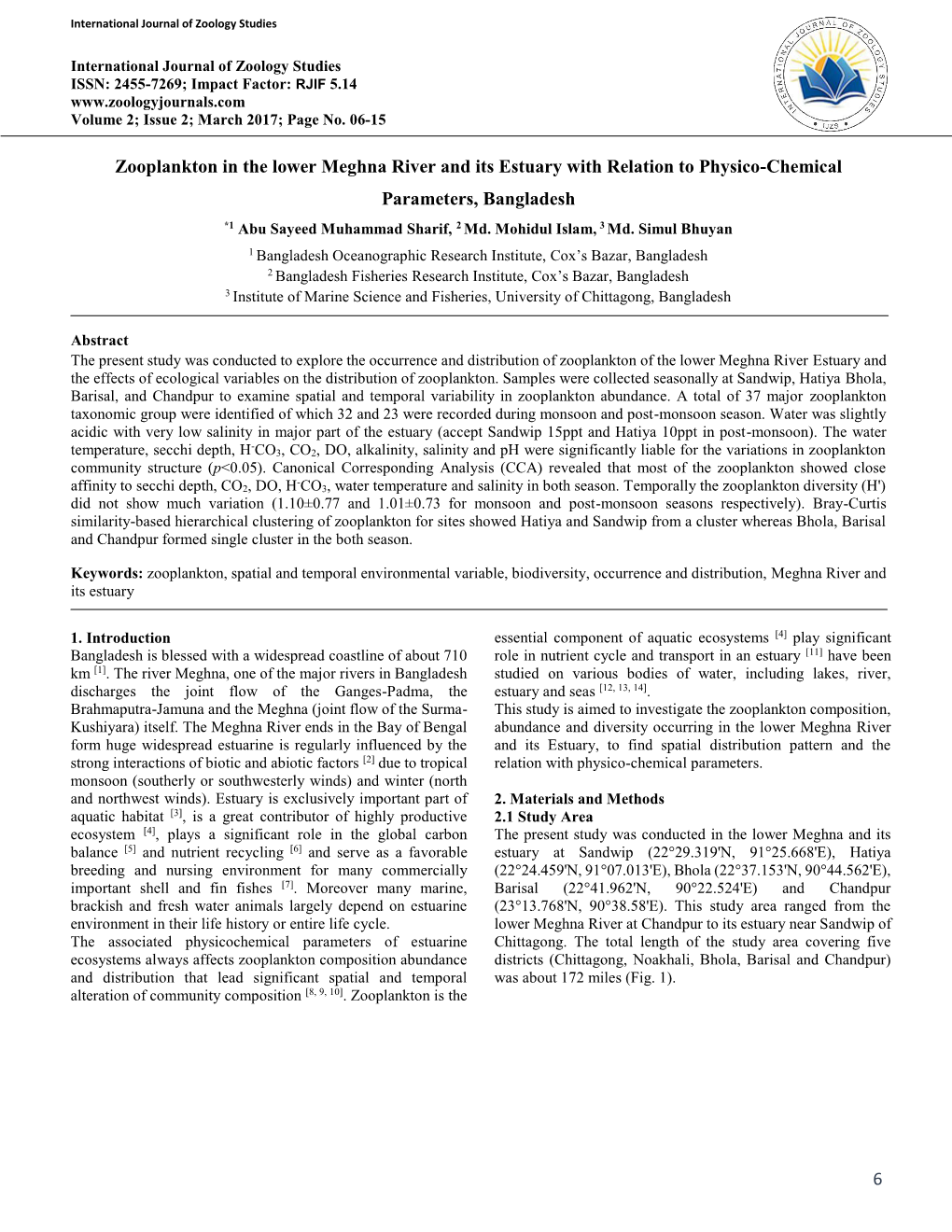 6 Zooplankton in the Lower Meghna River and Its Estuary with Relation to Physico-Chemical Parameters, Bangladesh