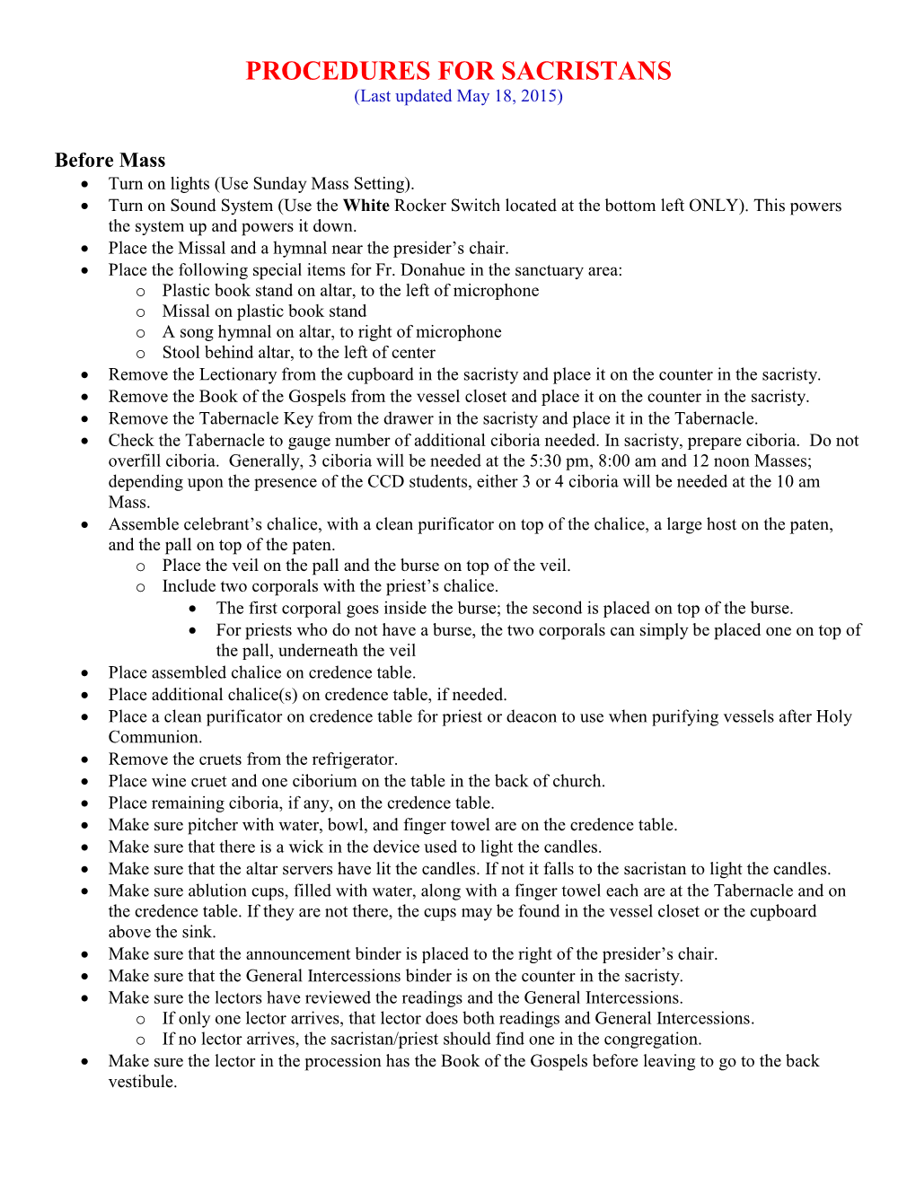 PROCEDURES for SACRISTANS (Last Updated May 18, 2015)