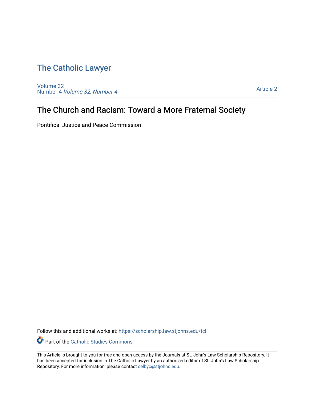 The Church and Racism: Toward a More Fraternal Society