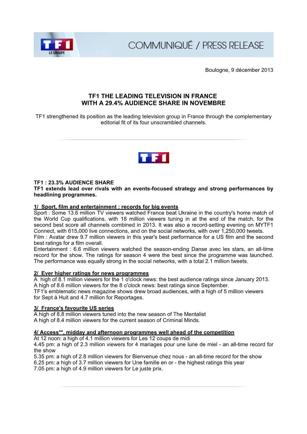 Tf1 the Leading Television in France with a 29.4% Audience Share in Novembre