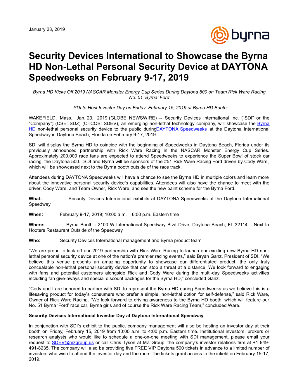 Security Devices International to Showcase the Byrna HD Non-Lethal Personal Security Device at DAYTONA Speedweeks on February 9-17, 2019