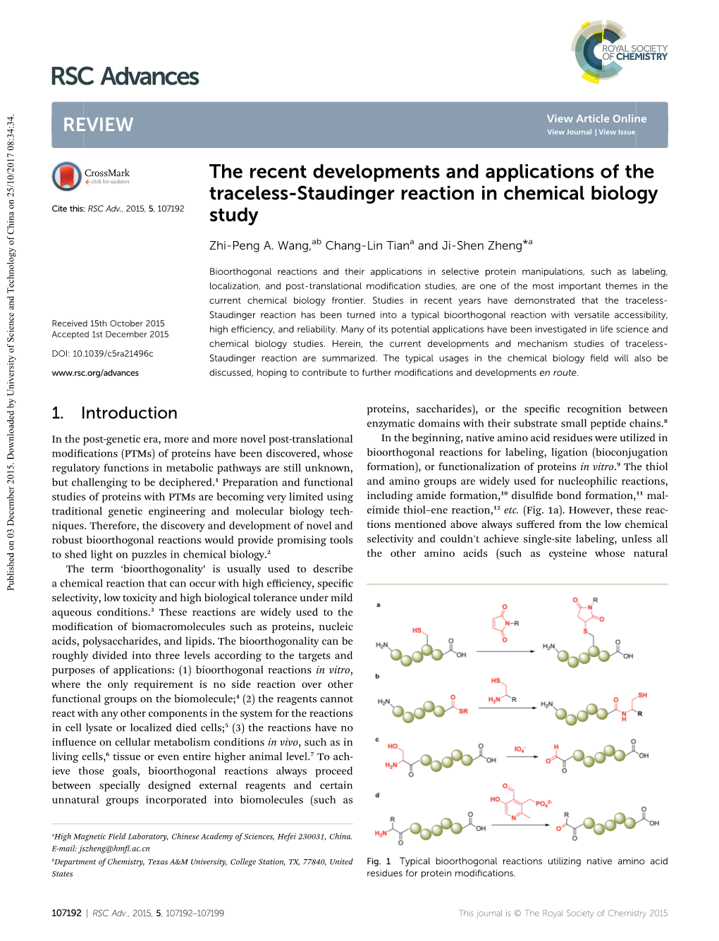 The Recent Developments and Applications of the Traceless-Staudinger Reaction in Chemical Biology Study