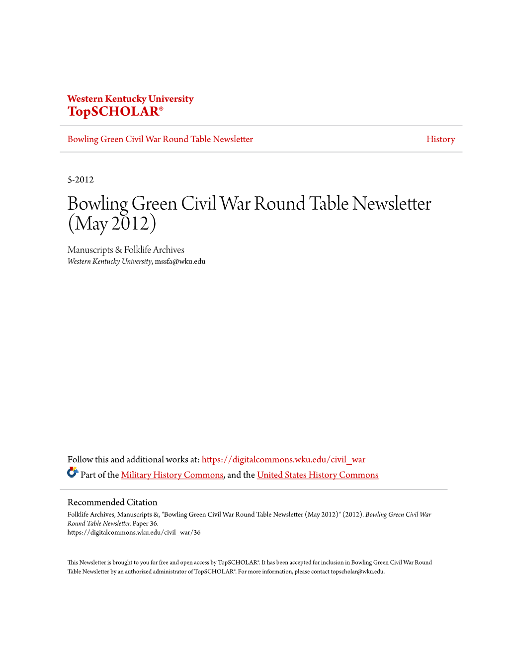 Bowling Green Civil War Round Table Newsletter History