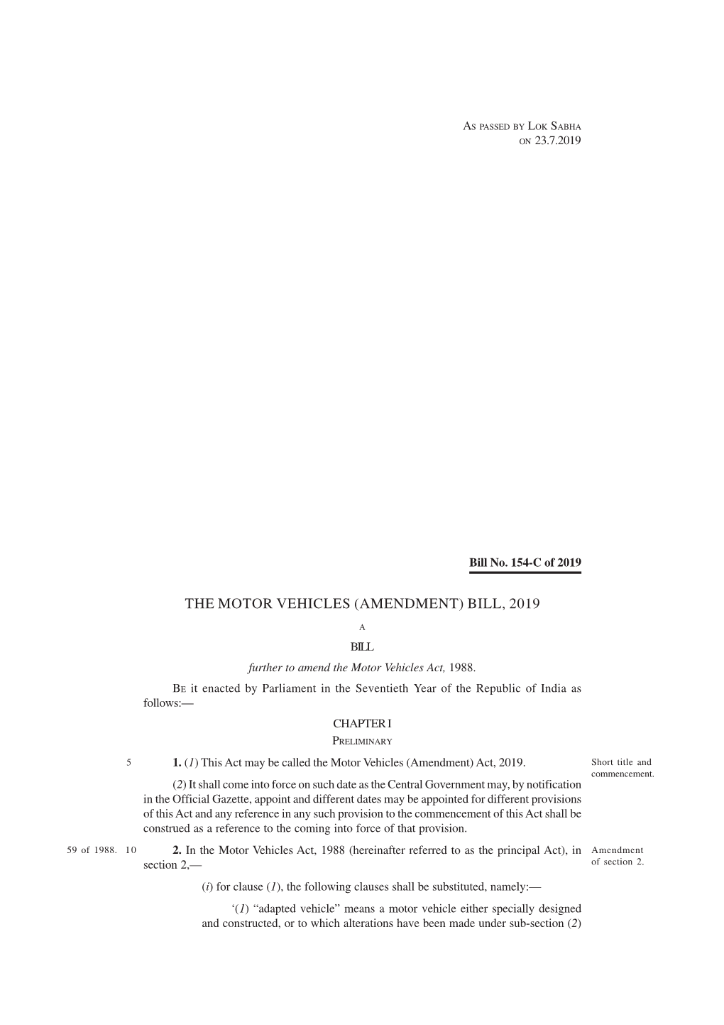 The Motor Vehicles (Amendment) Bill, 2019