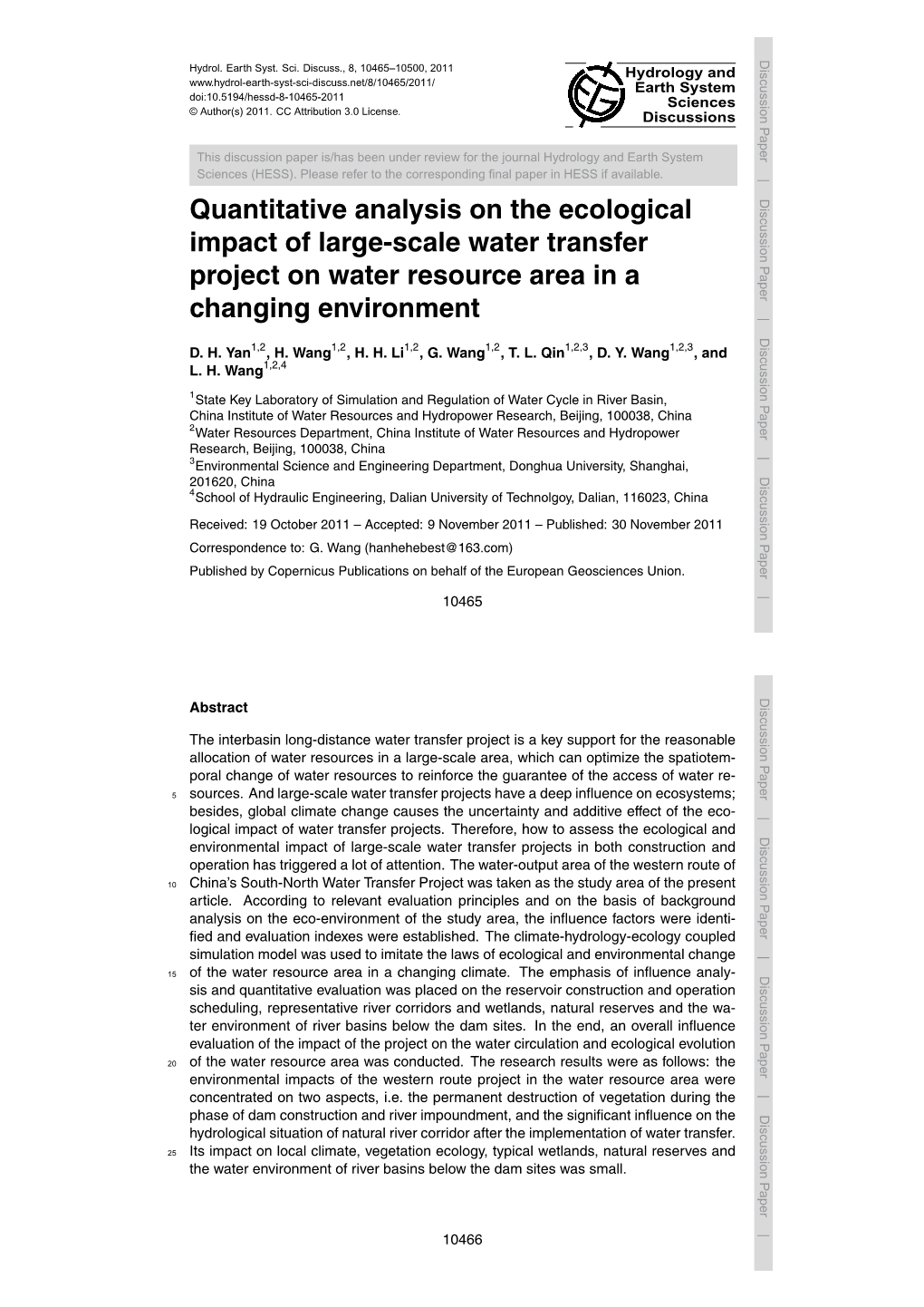 Quantitative Analysis on the Ecological Impact of Large-Scale Water Transfer Project on Water Resource Areachanging in Environment a D