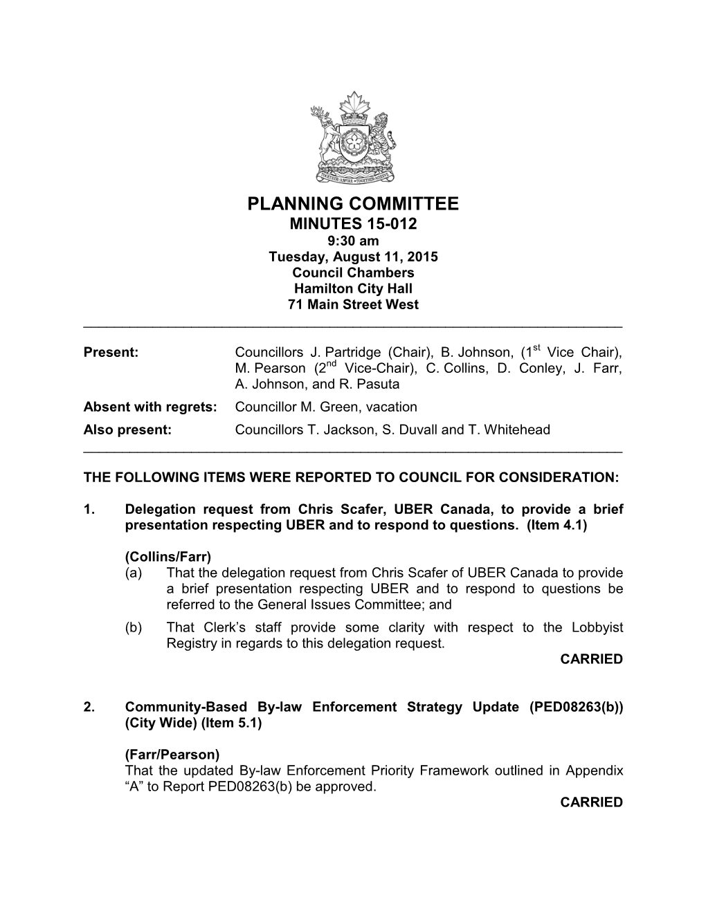 City of Hamilton Planning Committee Minutes 16-012 August 11, 2016