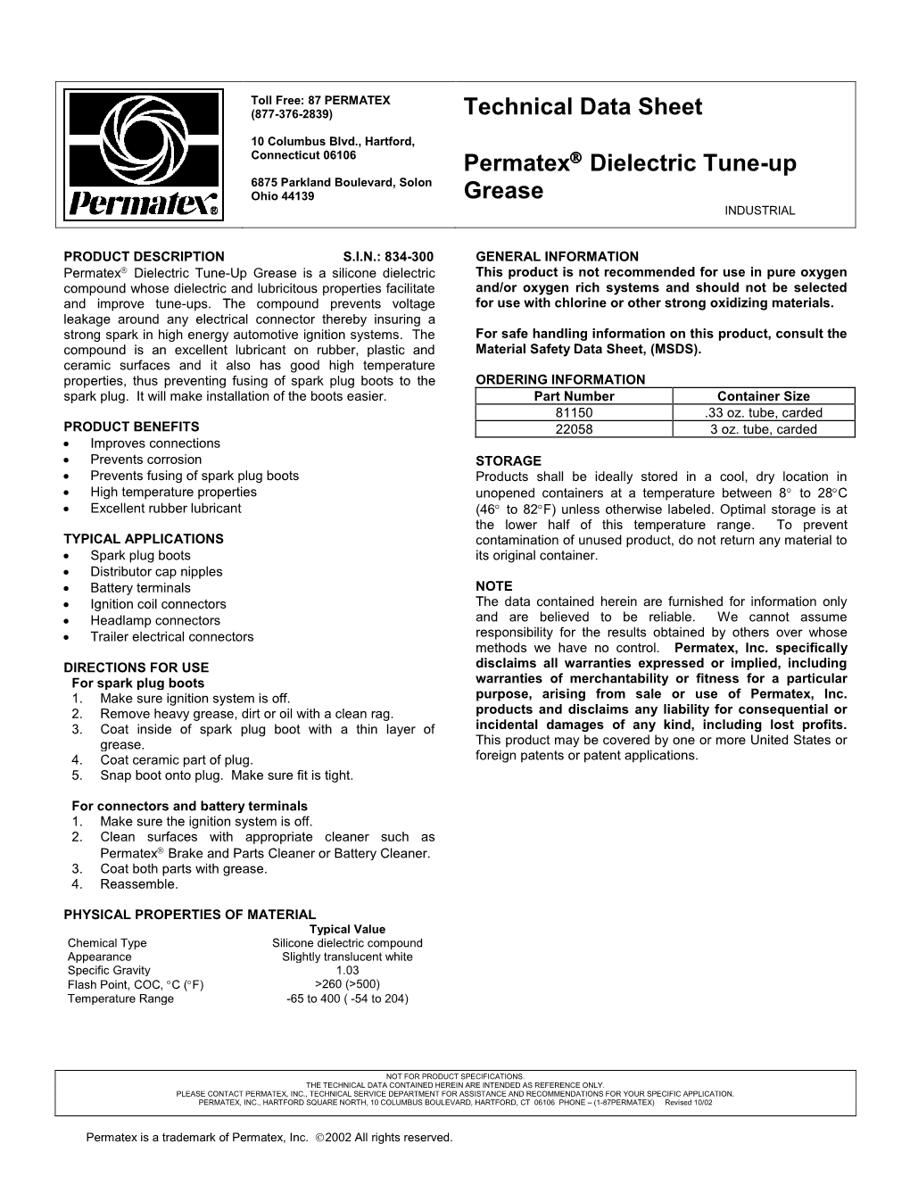 Technical Data Sheet Permatex Dielectric Tune-Up Grease