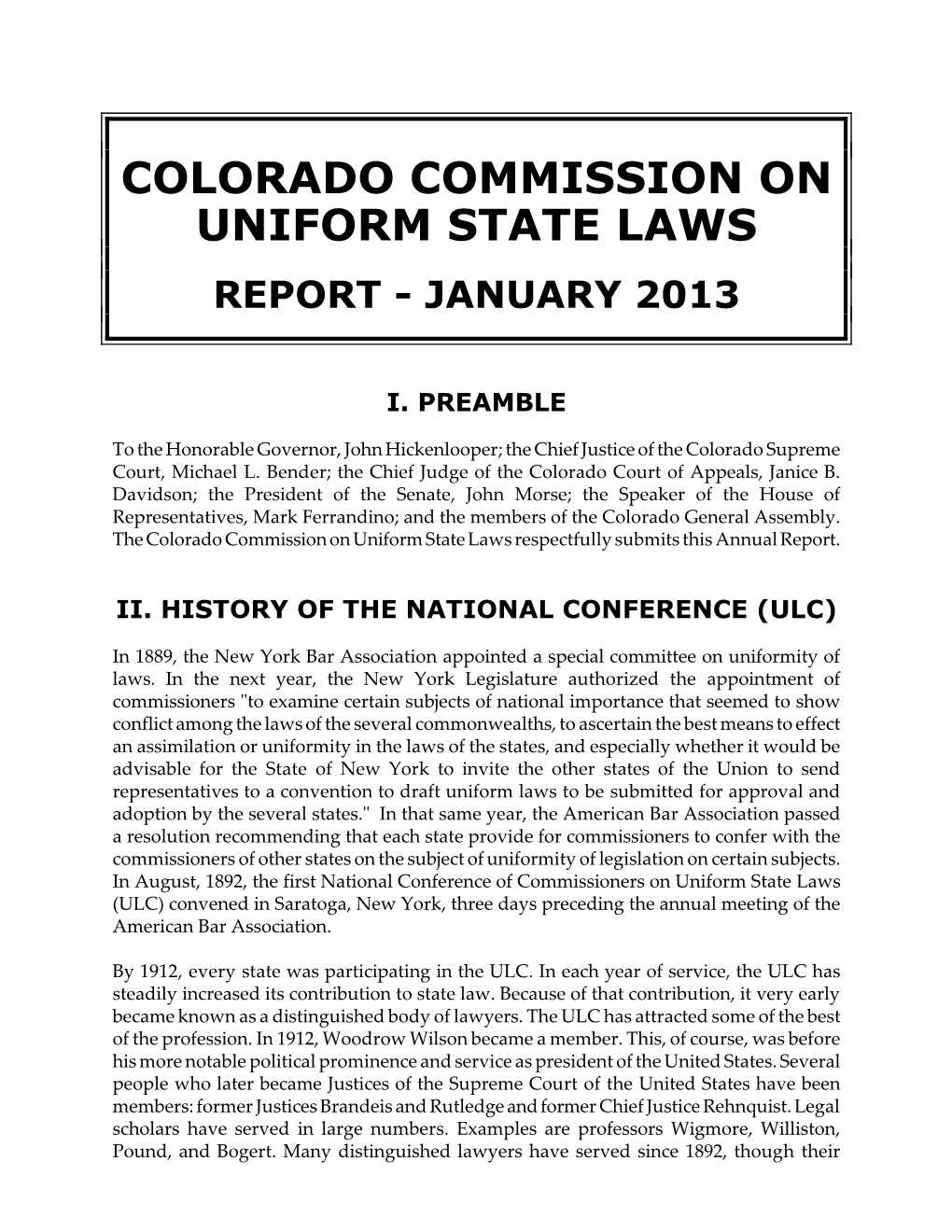 Colorado Commission on Uniform State Laws Report