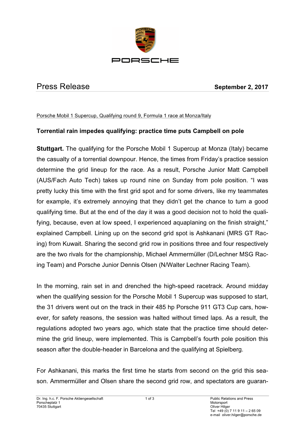 Press Release September 2, 2017