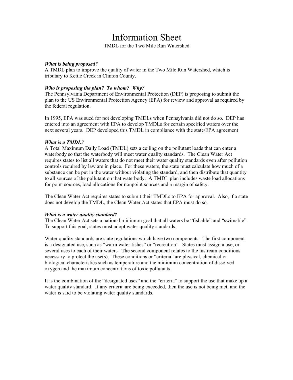 Information Sheet TMDL for the Two Mile Run Watershed