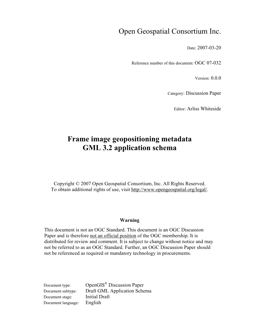 Open Geospatial Consortium Inc. Frame Image Geopositioning