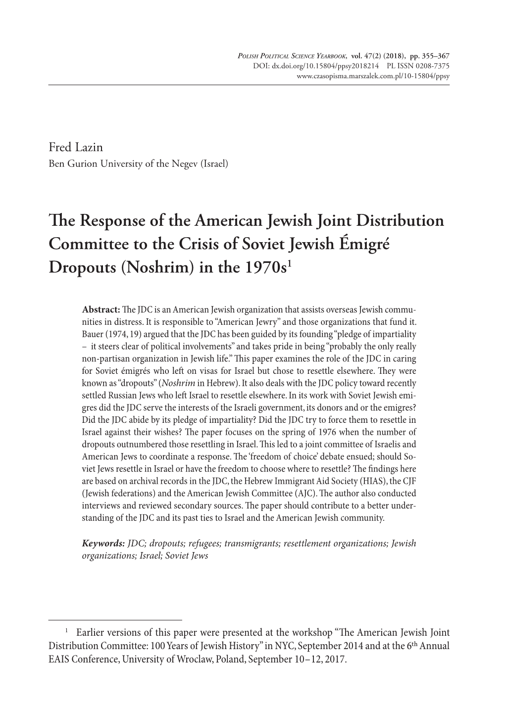 The Response of the American Jewish Joint Distribution Committee to the Crisis of Soviet Jewish Émigré Dropouts (Noshrim) in the 1970S1