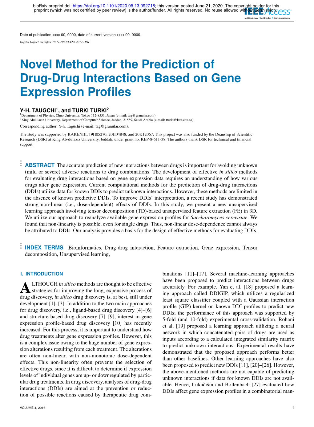 Novel Method for the Prediction of Drug-Drug Interactions Based on Gene Expression Proﬁles