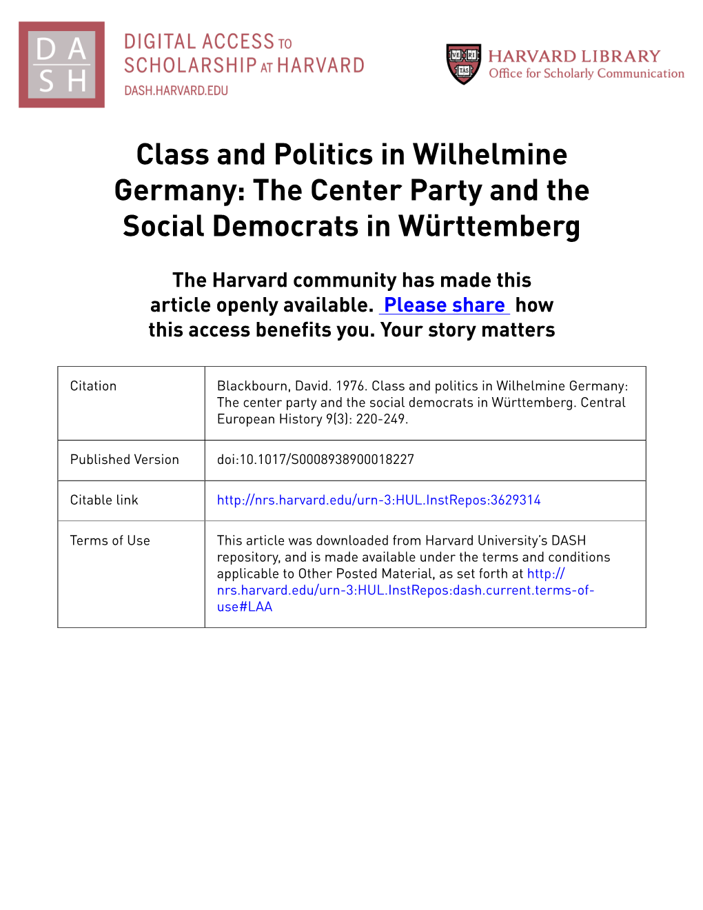 Class and Politics in Wilhelmine Germany: the Center Party and the Social Democrats in Württemberg