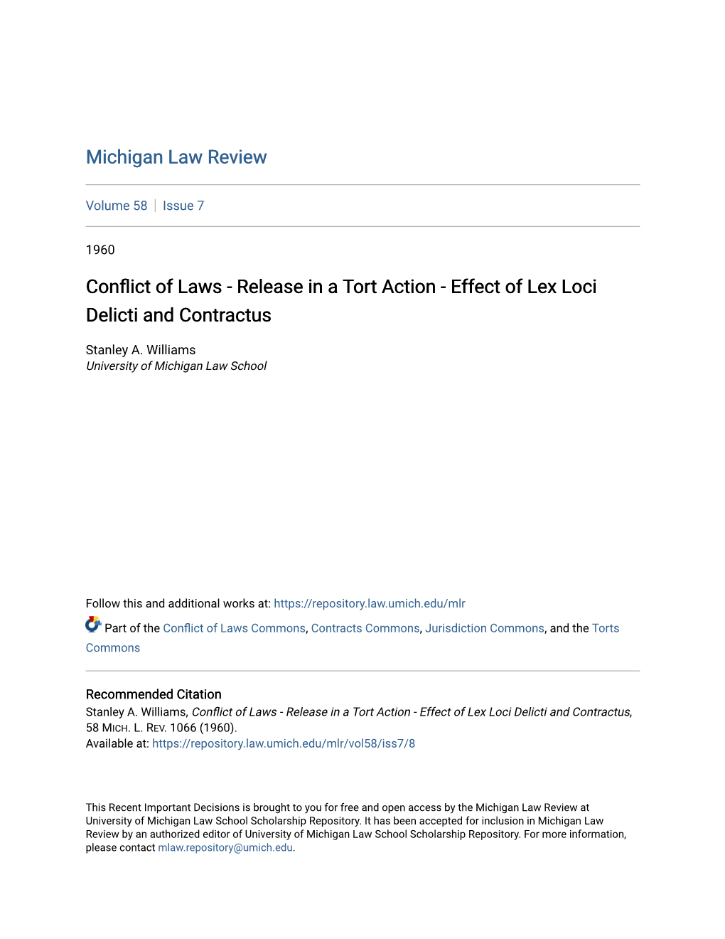 Conflict of Laws - Release in a Ort T Action - Effect of Lex Loci Delicti and Contractus