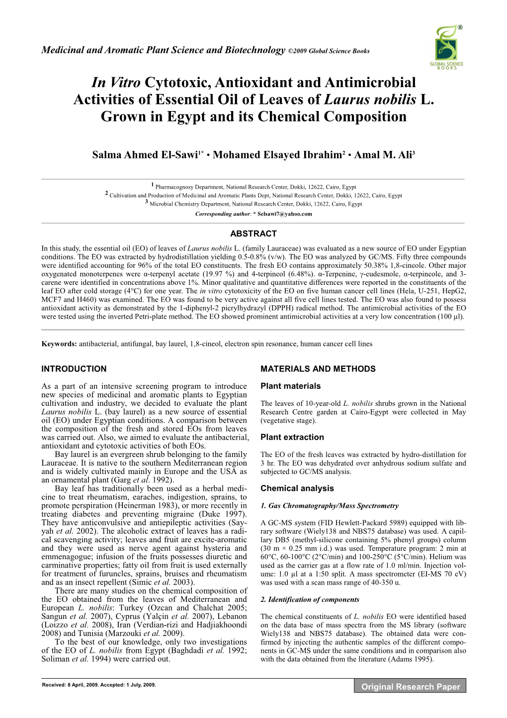 In Vitro Cytotoxic, Antioxidant and Antimicrobial Activities of Essential Oil of Leaves of Laurus Nobilis L