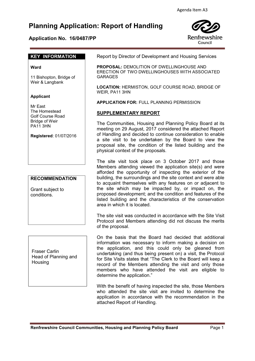 Planning Application: Report of Handling