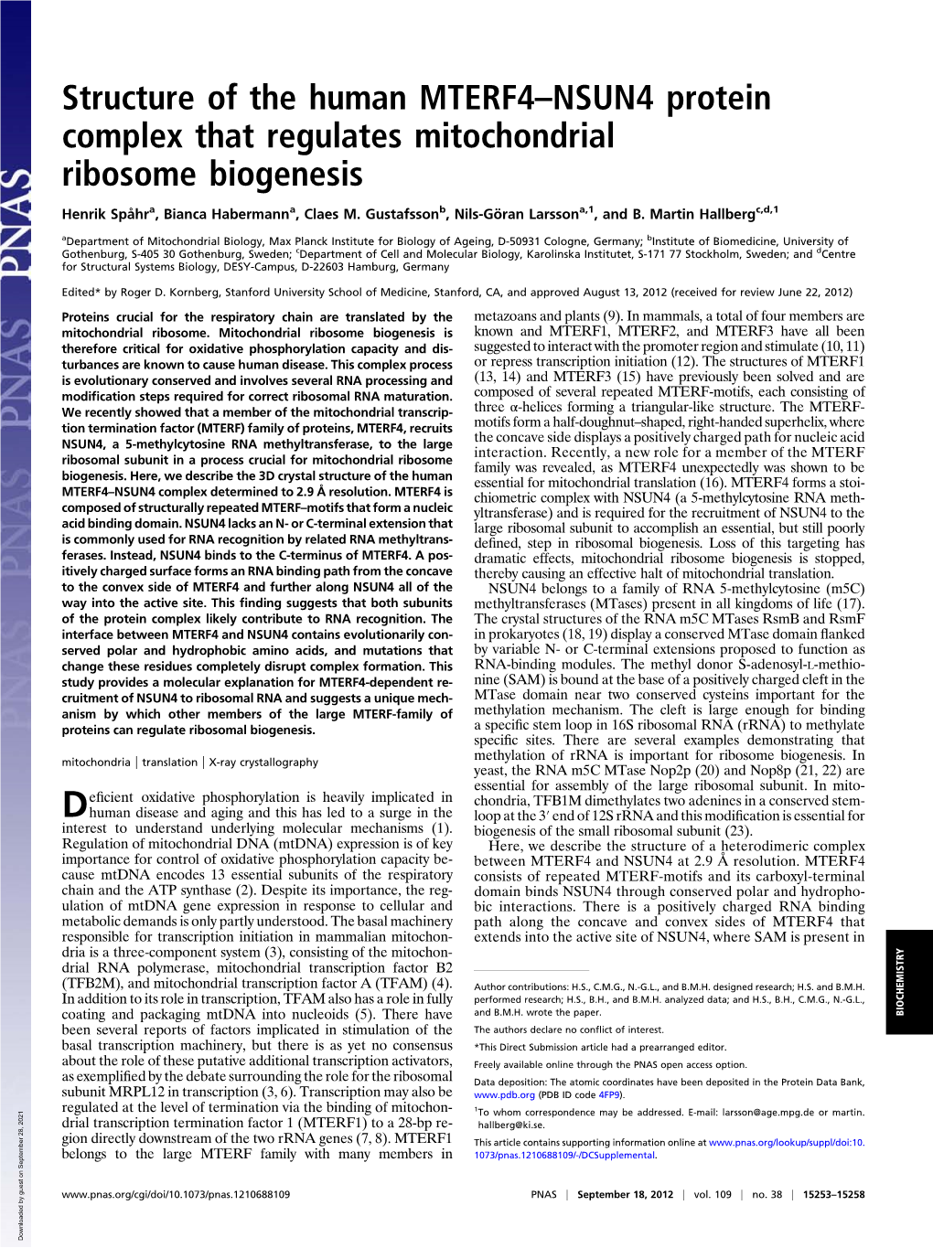 Structure of the Human MTERF4–NSUN4 Protein Complex That Regulates Mitochondrial Ribosome Biogenesis