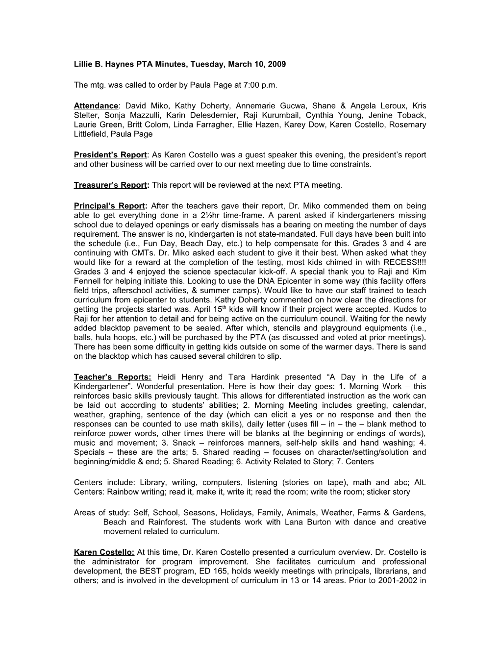 Lillie B. Haynes PTA Minutes, Tuesday, March 10, 2009