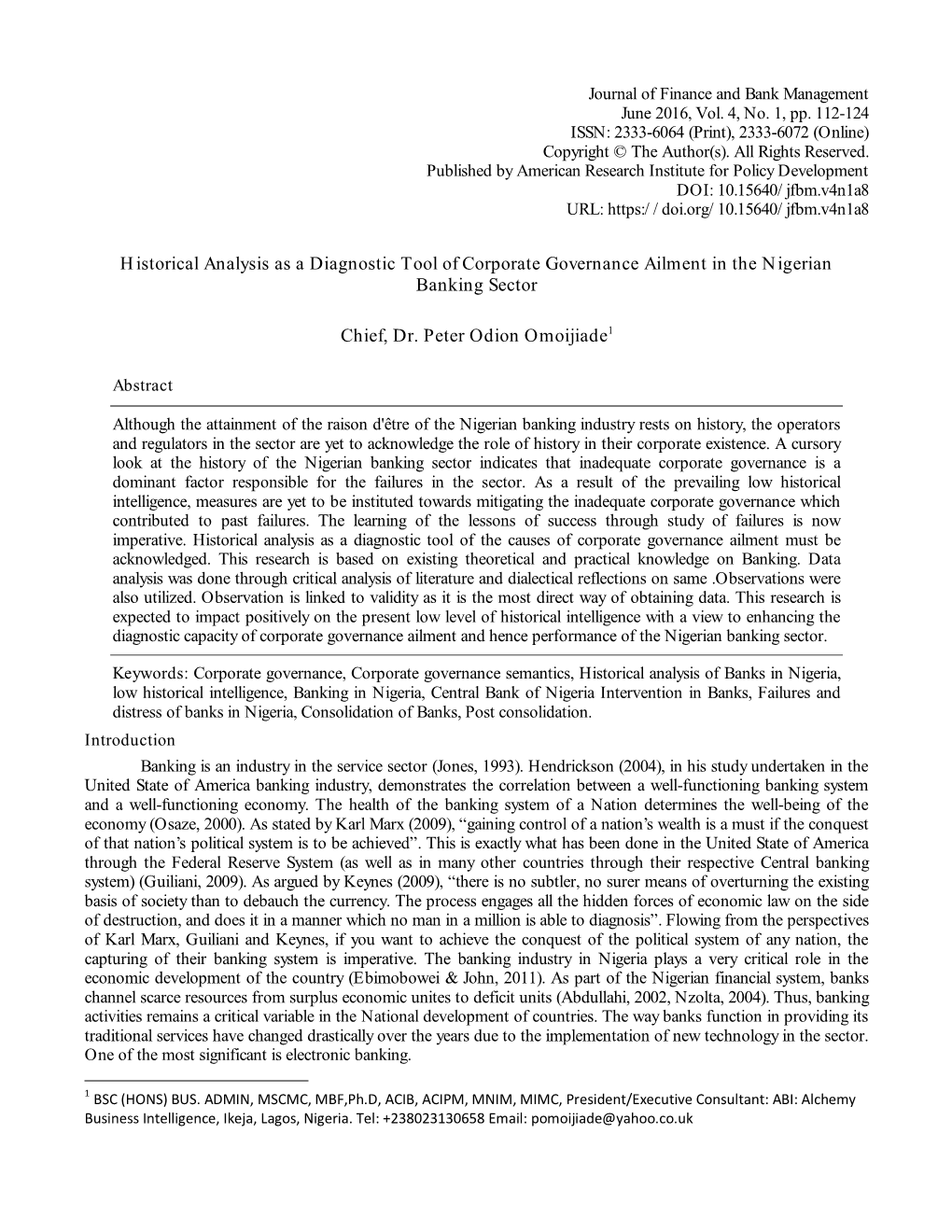 Historical Analysis As a Diagnostic Tool of Corporate Governance Ailment in the Nigerian Banking Sector