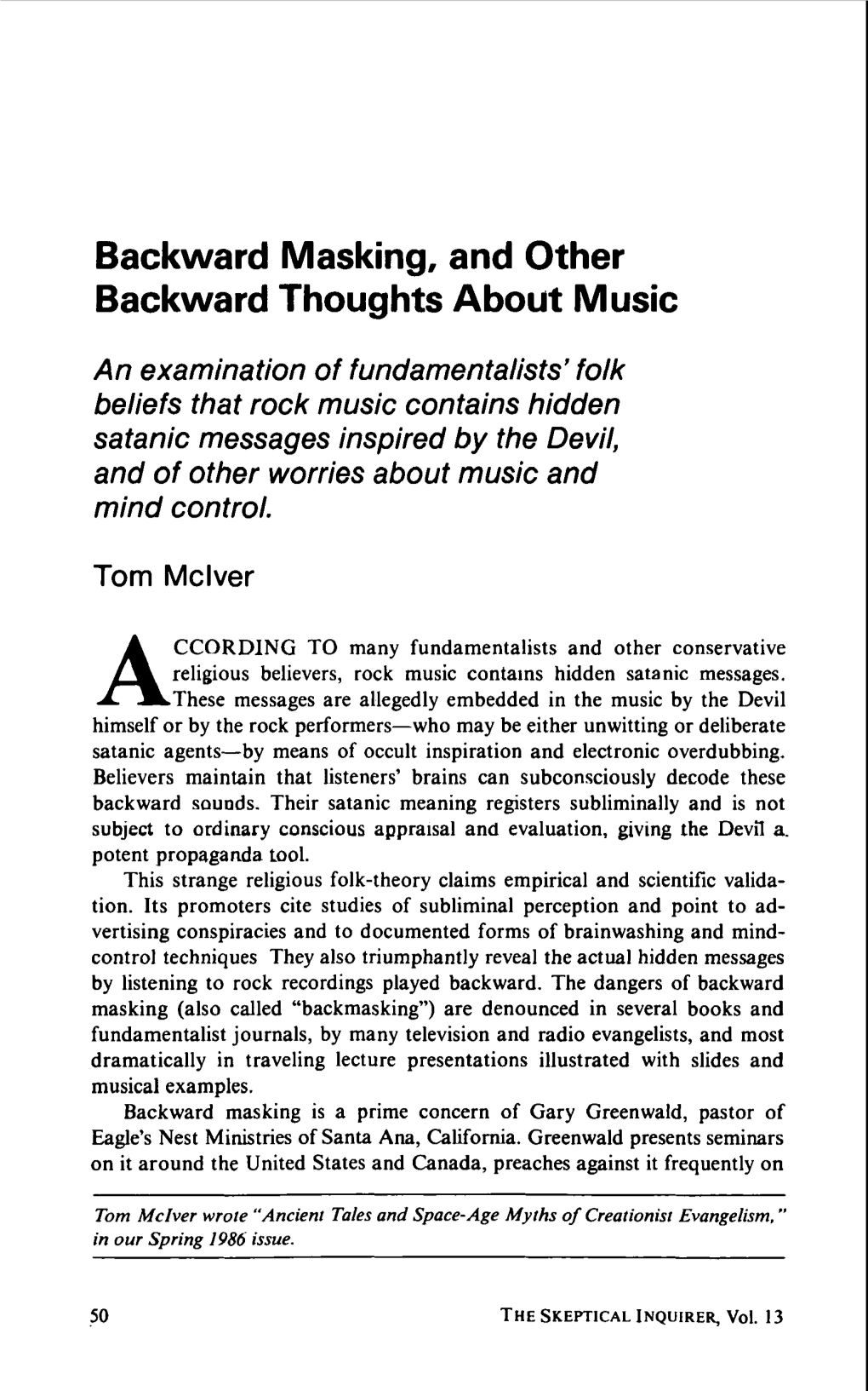 Backward Masking, and Other Backward Thoughts About Music