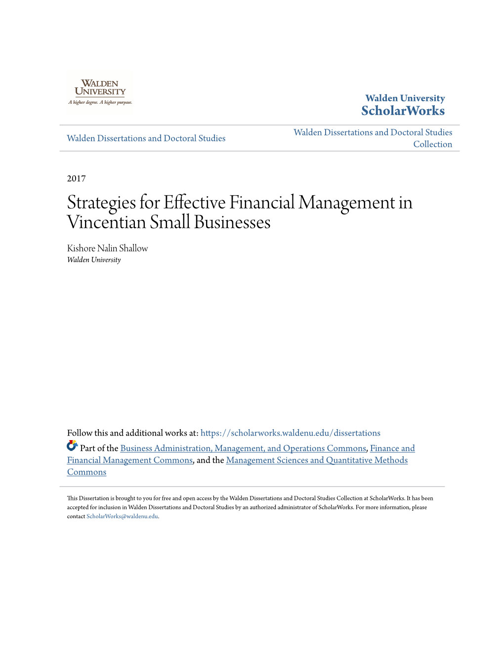 Strategies for Effective Financial Management in Vincentian Small Businesses Kishore Nalin Shallow Walden University