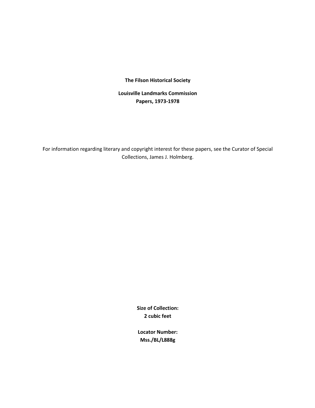 The Filson Historical Society Louisville Landmarks Commission Papers