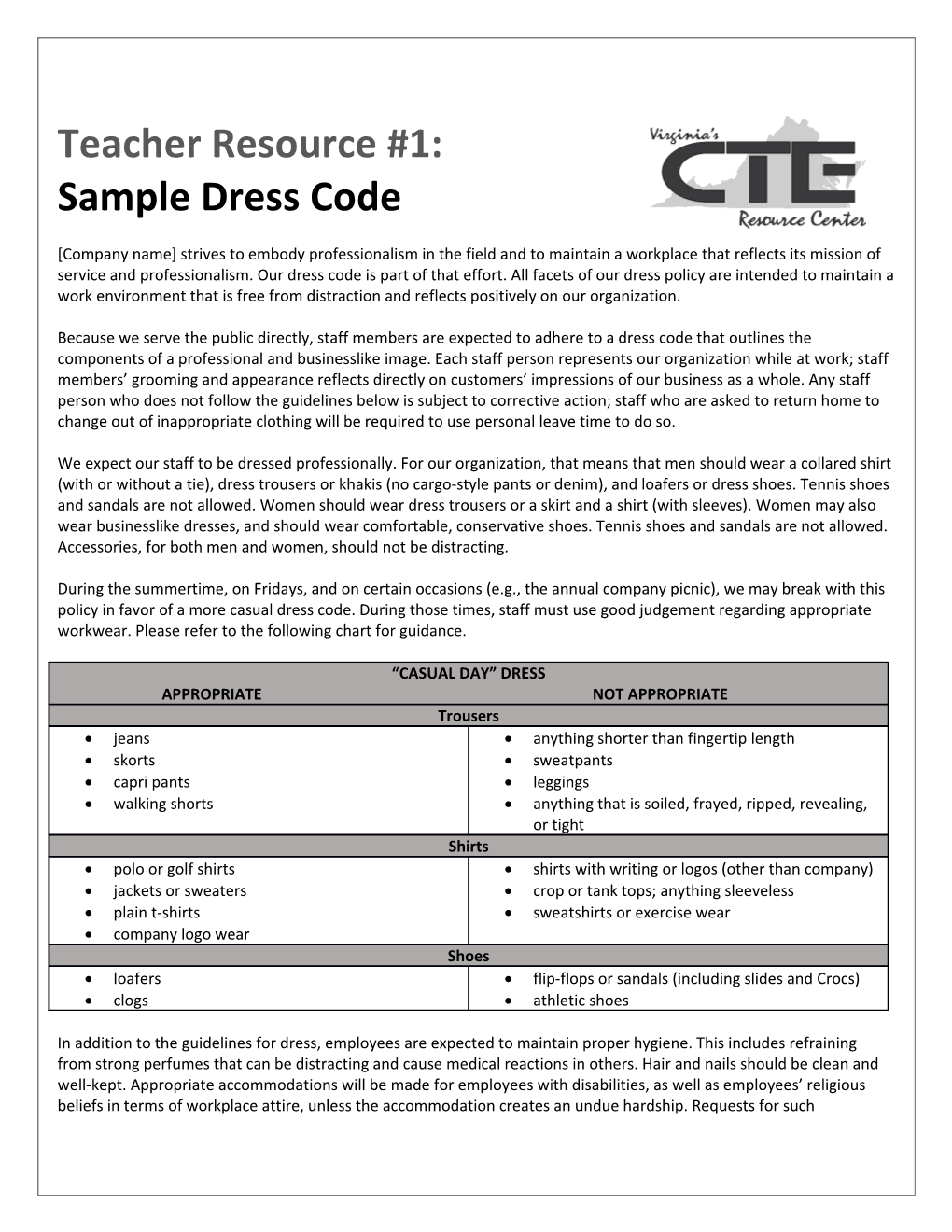 Teacher Resource #1: Sample Dress Code