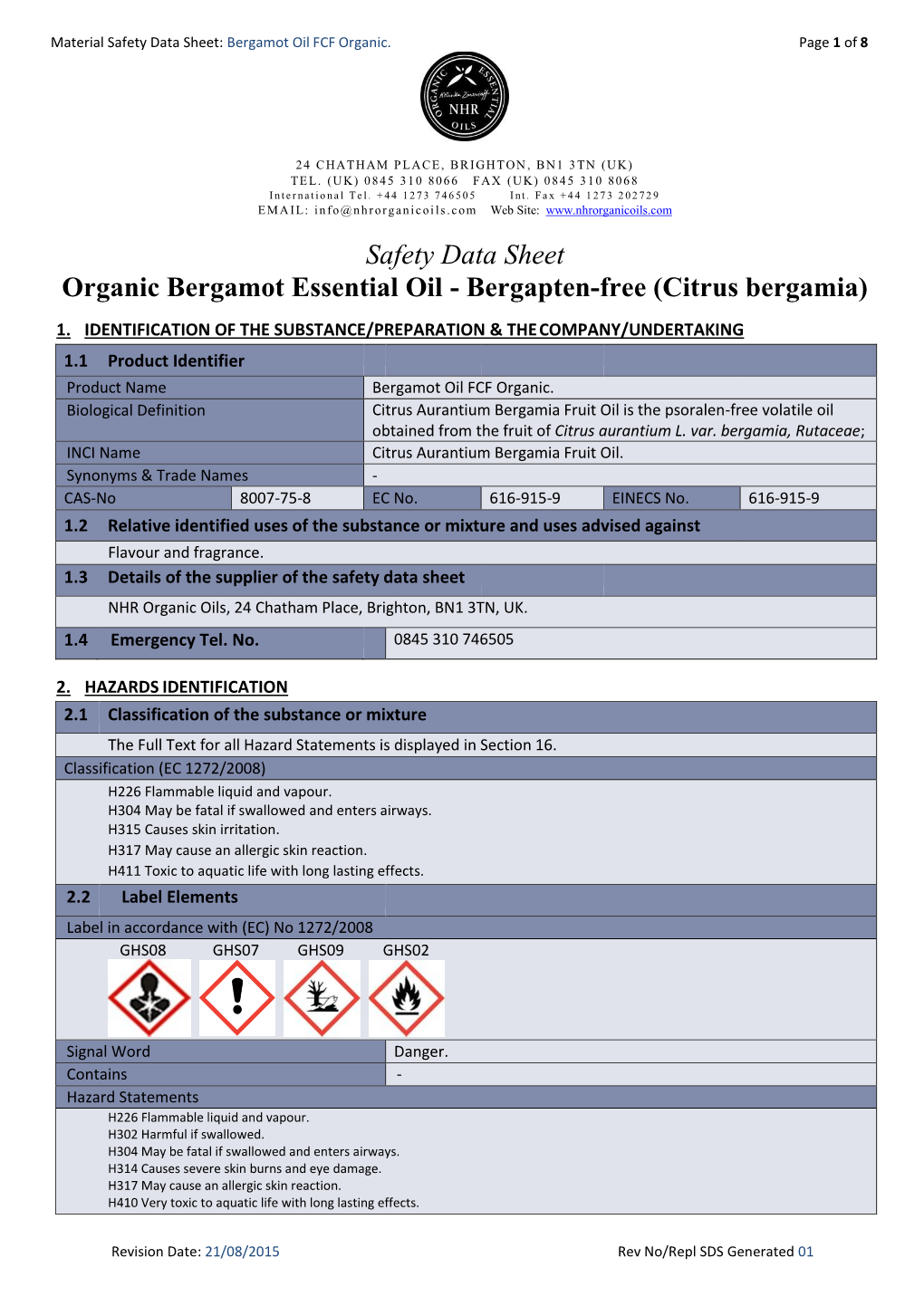 Safety Data Sheet Organic Bergamot Essential Oil - Bergapten-Free (Citrus Bergamia)