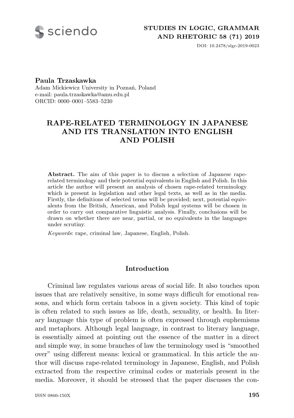 Rape-Related Terminology in Japanese and Its Translation Into English and Polish