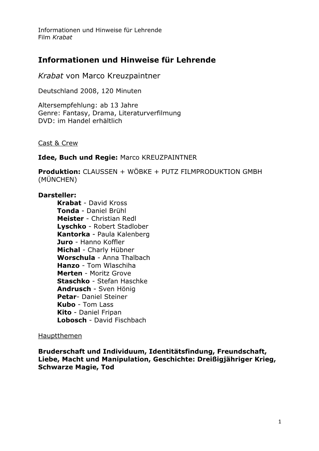 Informationen Und Hinweise Für Lehrende Krabat Von Marco Kreuzpaintner
