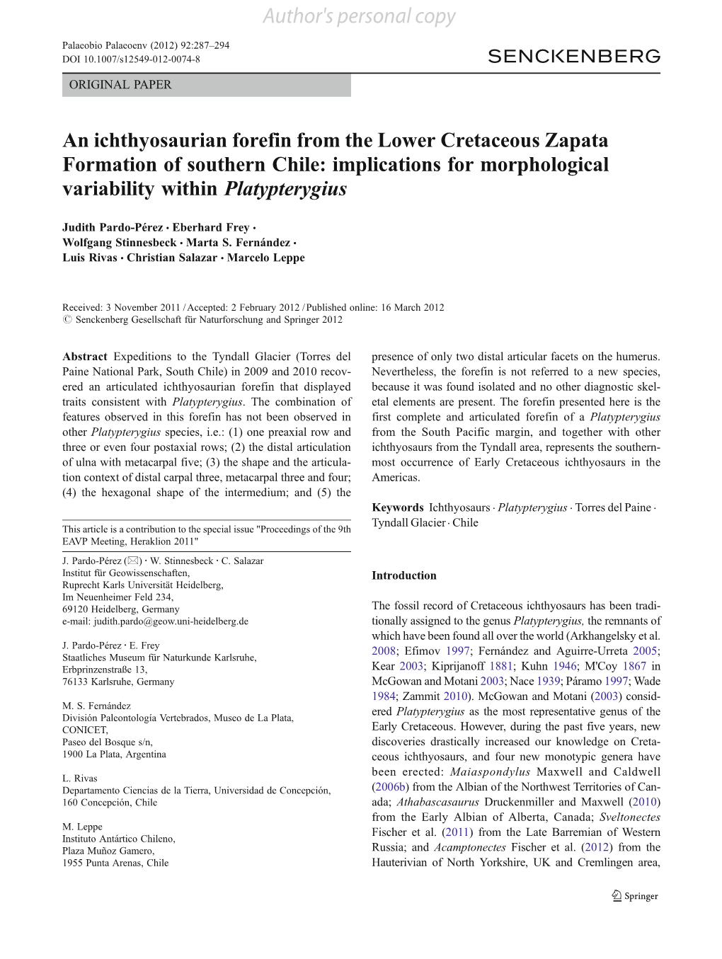 An Ichthyosaurian Forefin from the Lower Cretaceous Zapata Formation of Southern Chile: Implications for Morphological Variability Within Platypterygius