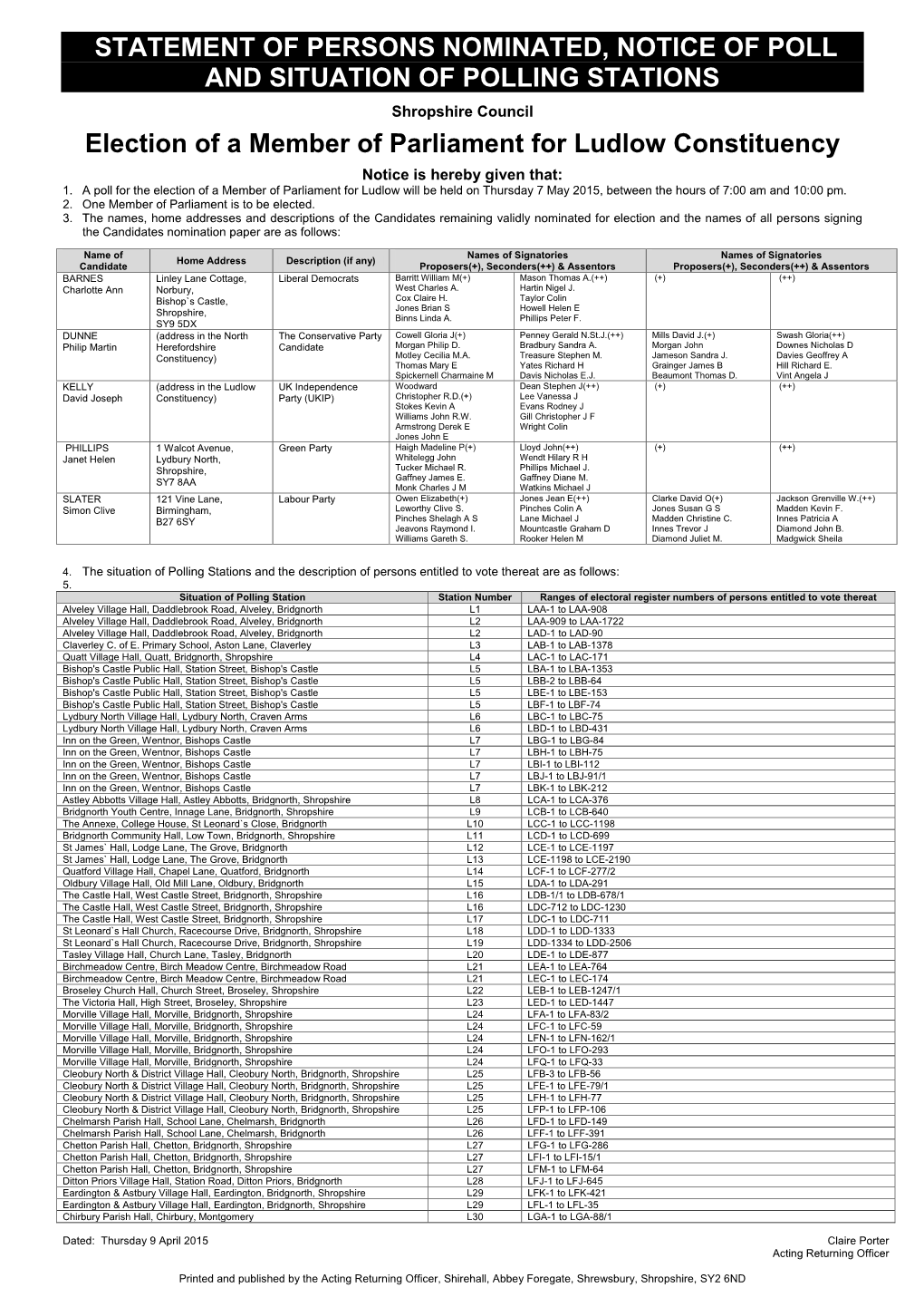 Statement of Persons Nominated & Notice of Poll & Situation of Polling