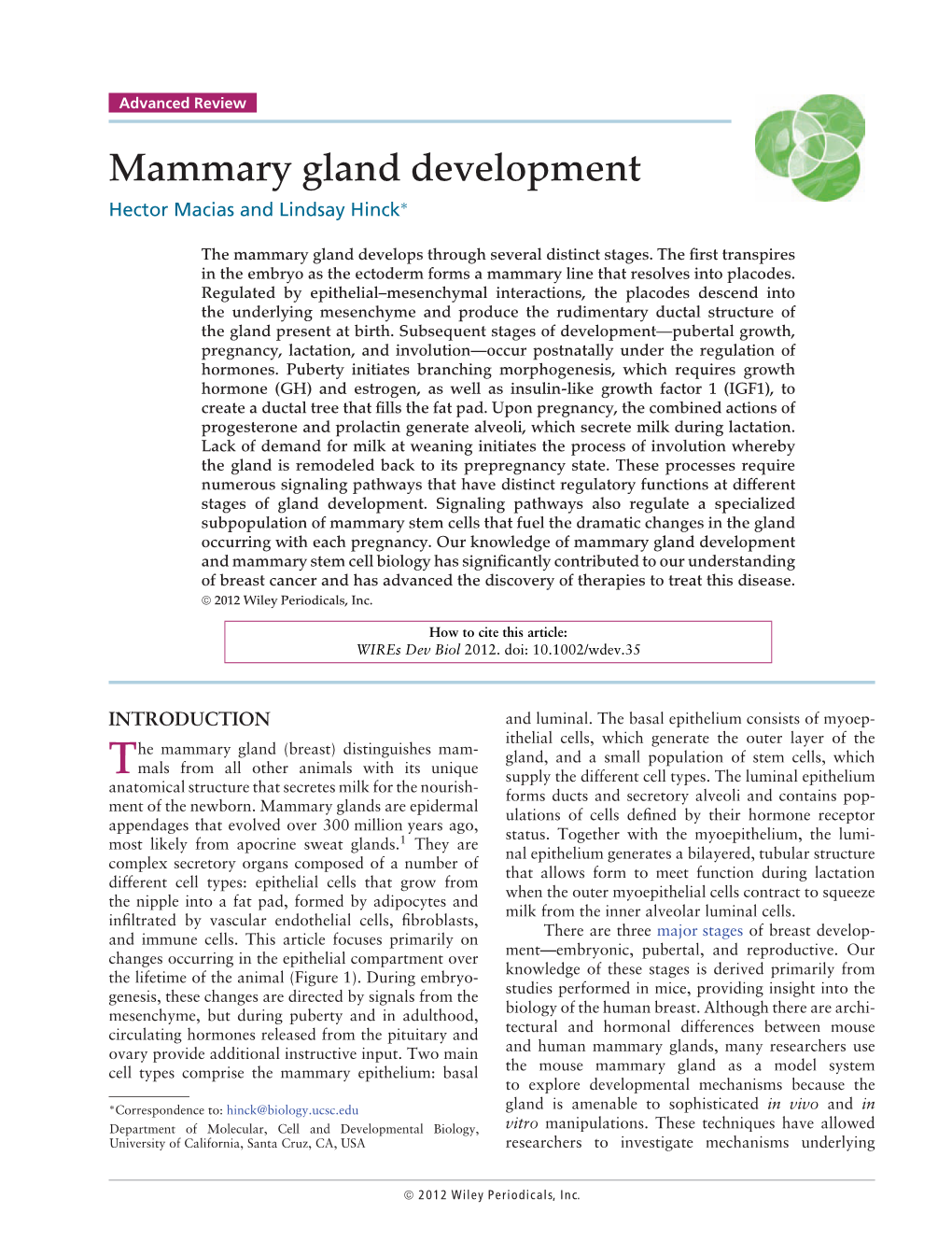 Mammary Gland Development Hector Macias and Lindsay Hinck∗