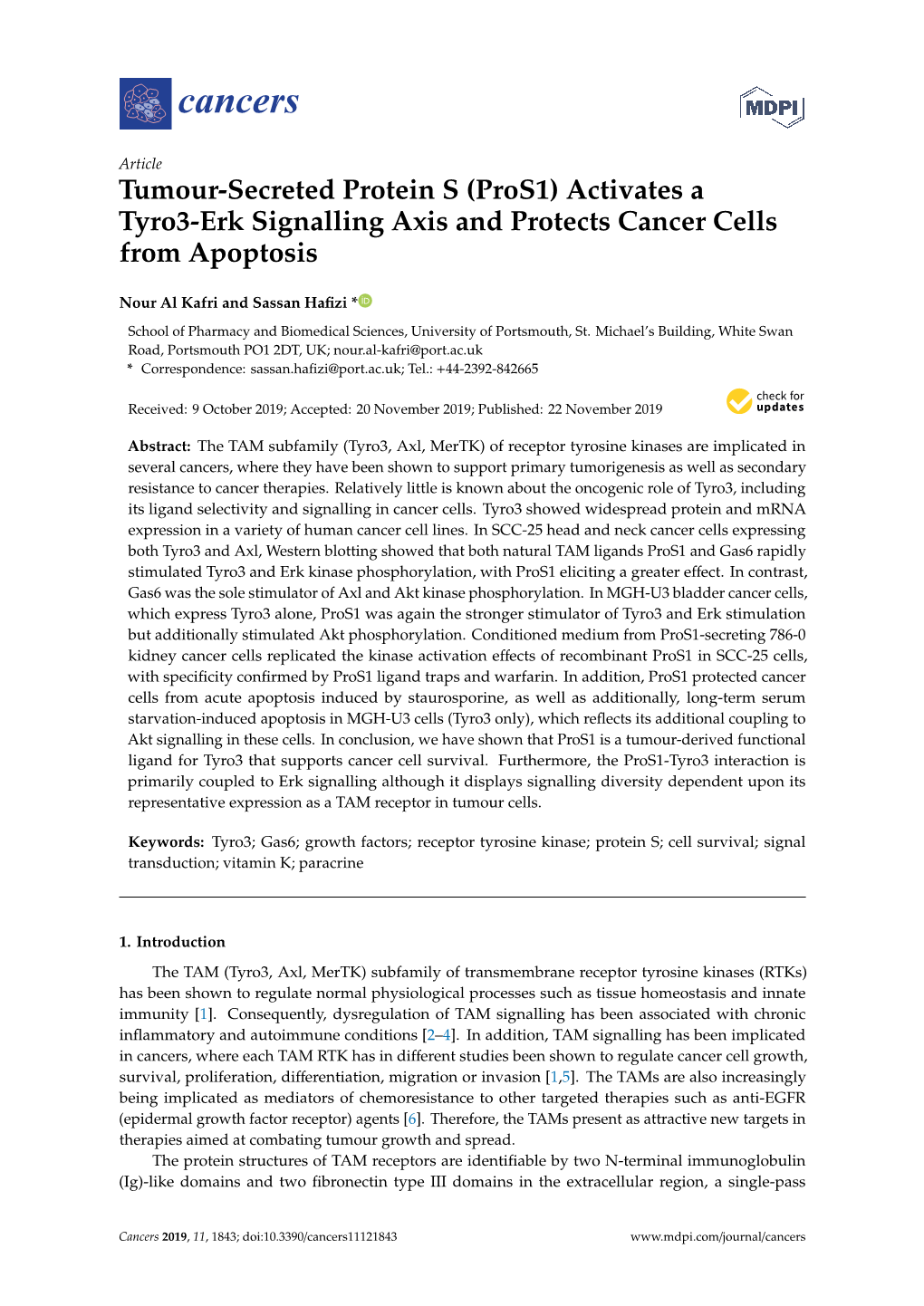 Pros1) Activates a Tyro3-Erk Signalling Axis and Protects Cancer Cells from Apoptosis