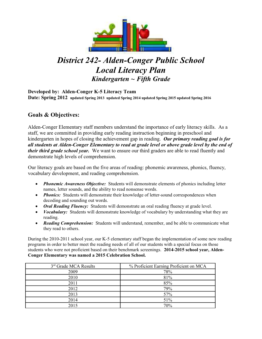 Alden-Conger Elementary Literacy Plan for Kindergarten Through Fifth Grade