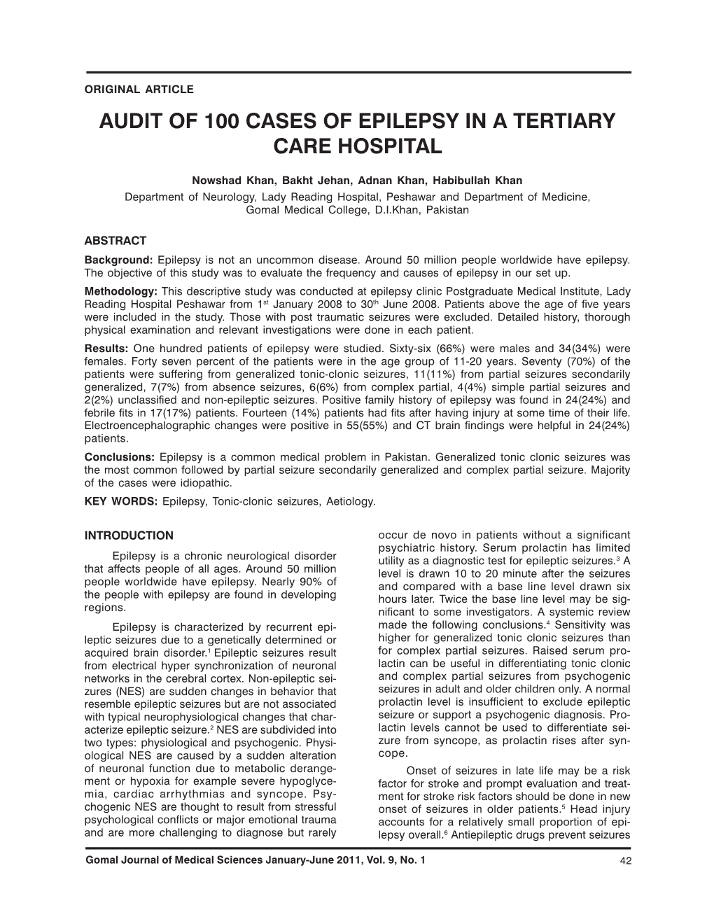 Audit of 100 Cases of Epilepsy in a Tertiary Care Hospital