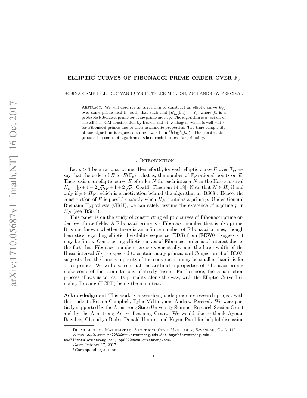 Arxiv:1710.05687V1 [Math.NT] 16 Oct 2017