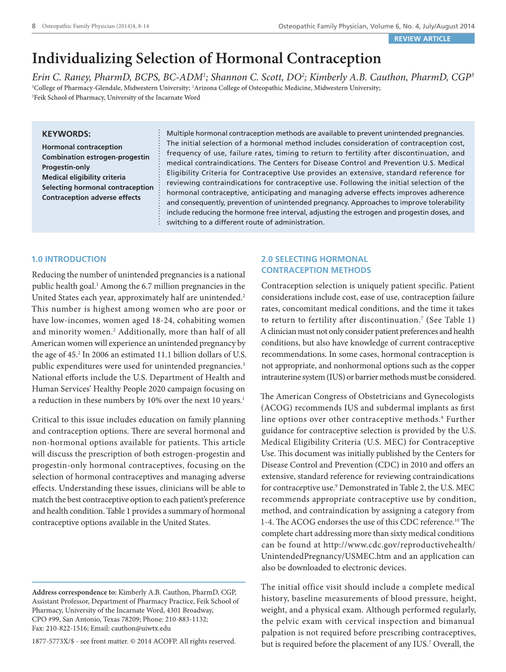 Individualizing Selection of Hormonal Contraception Erin C