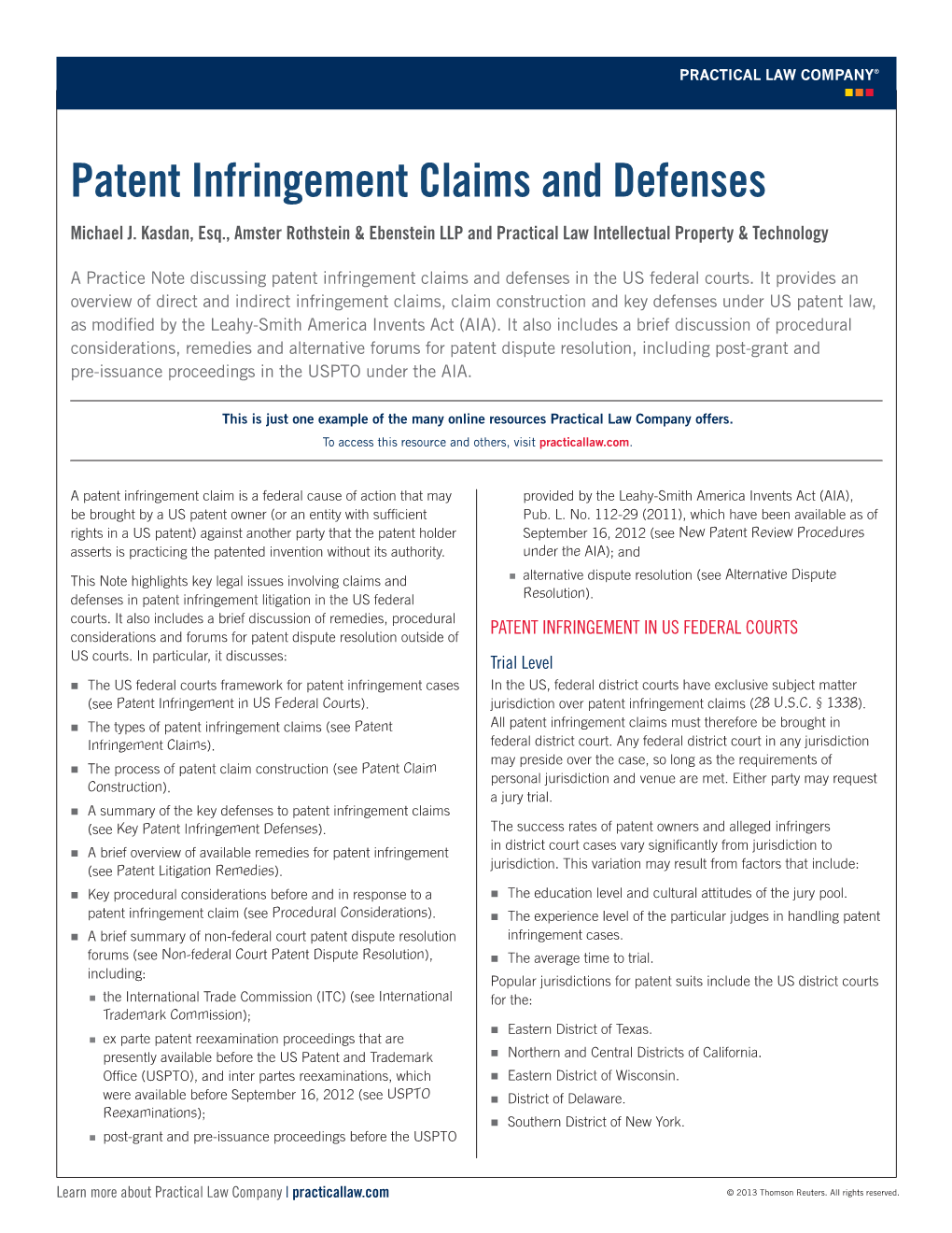 Patent Infringement Claims and Defenses Michael J