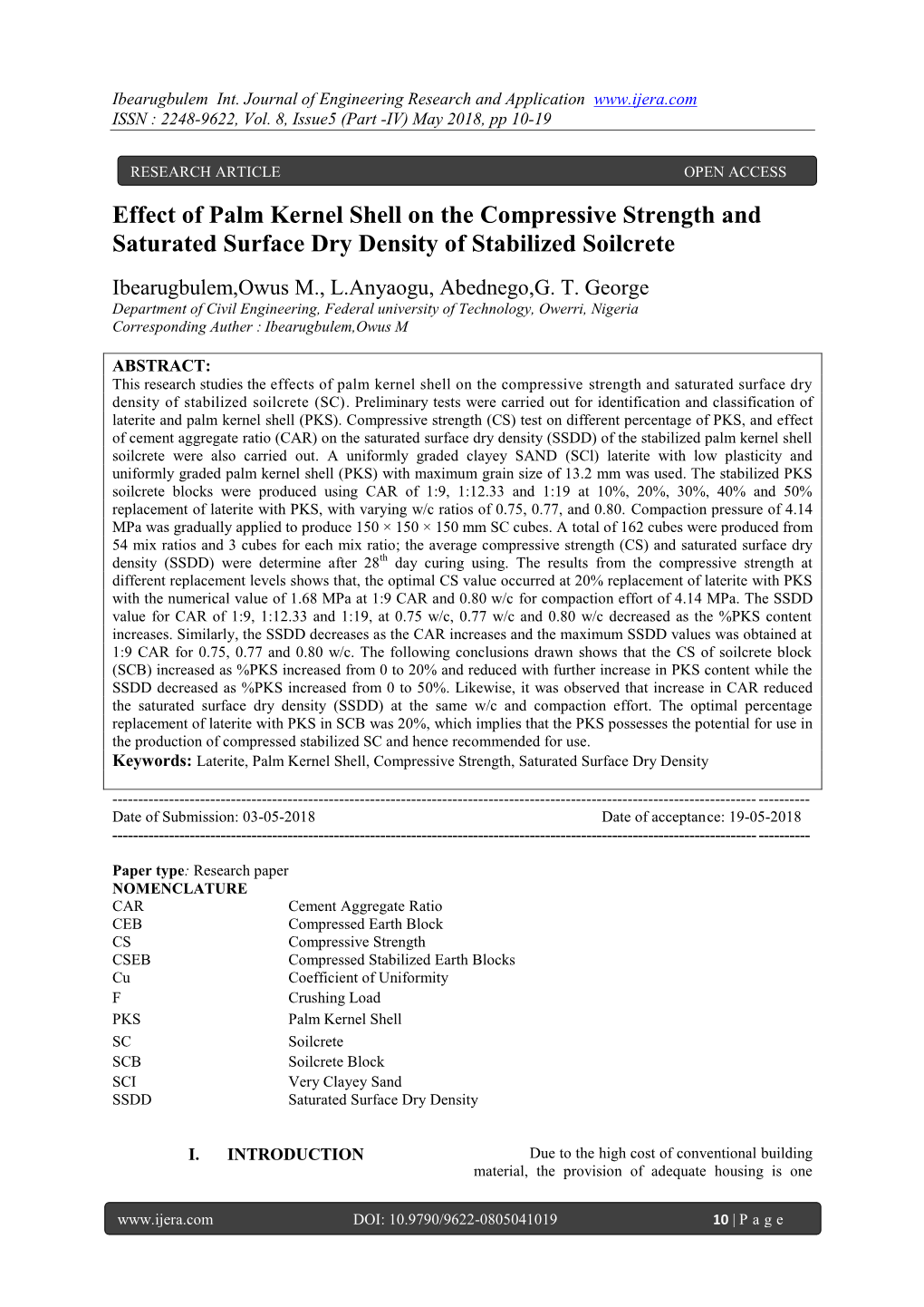 Effect of Palm Kernel Shell on the Compressive Strength and Saturated Surface Dry Density of Stabilized Soilcrete