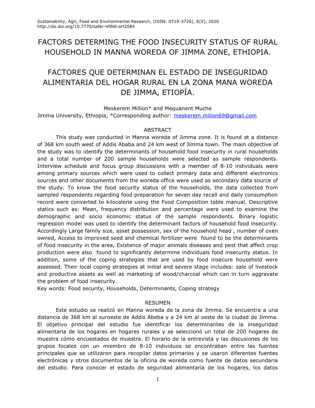 Factors Determing the Food Insecurity Status of Rural Household in Manna Woreda of Jimma Zone, Ethiopia