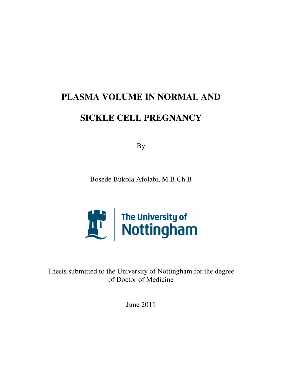 Plasma Volume in Normal and Sickle Cell Pregnancy