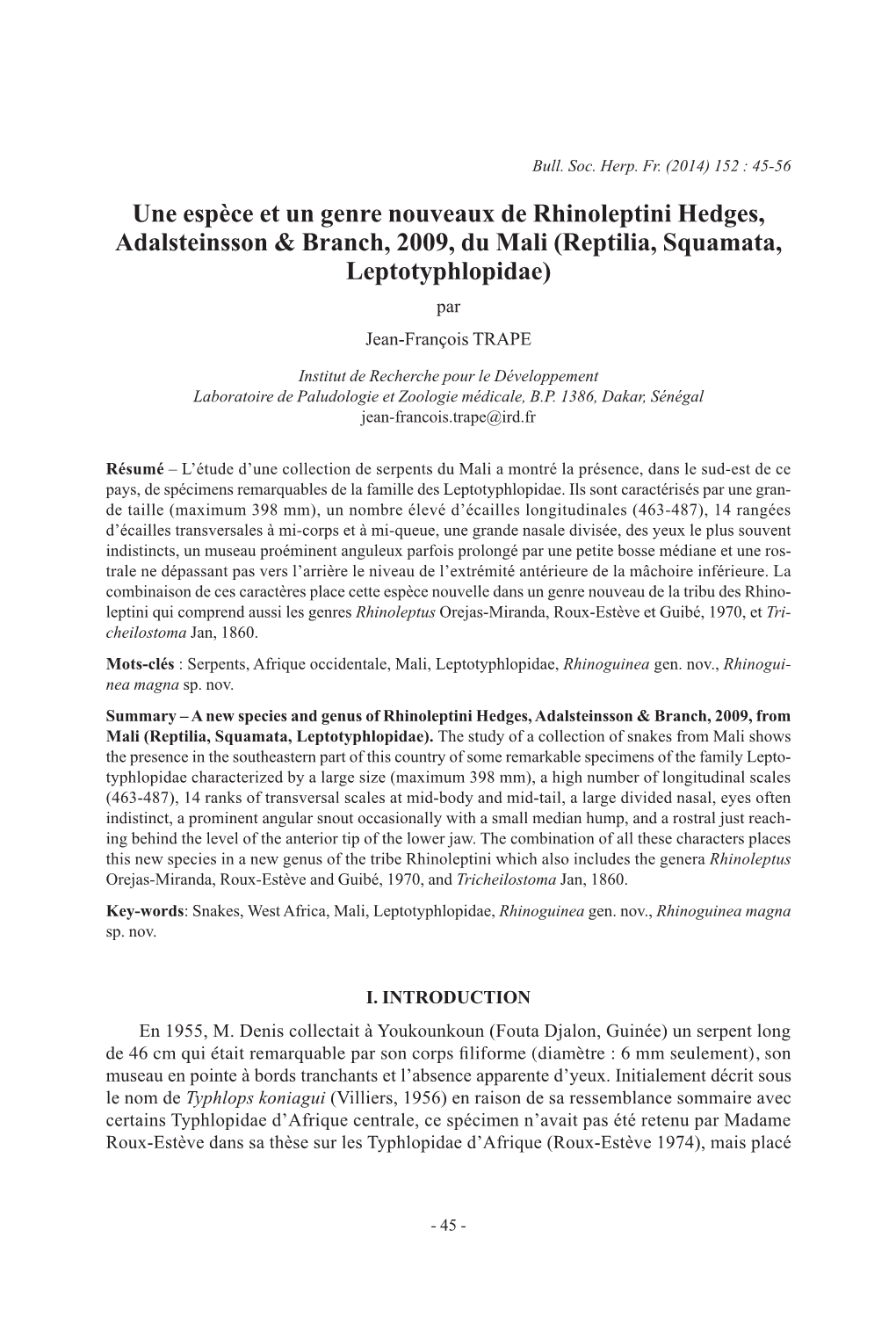 Une Espèce Et Un Genre Nouveaux De Rhinoleptini Hedges, Adalsteinsson & Branch, 2009, Du Mali (Reptilia, Squamata, Leptotyp