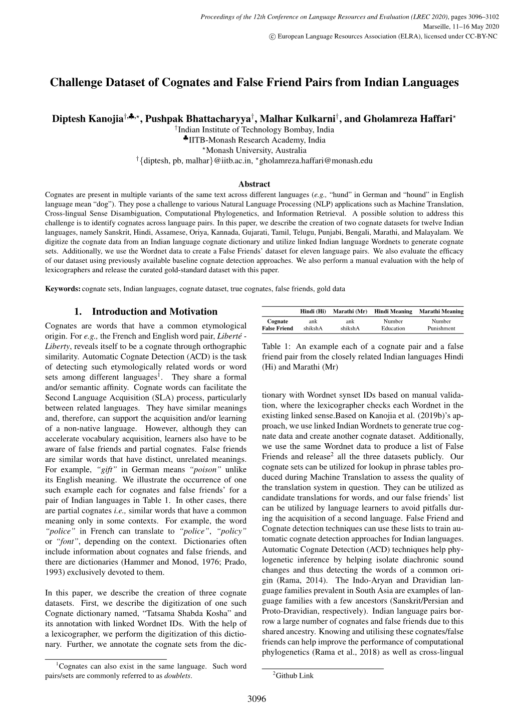 Challenge Dataset of Cognates and False Friend Pairs from Indian Languages