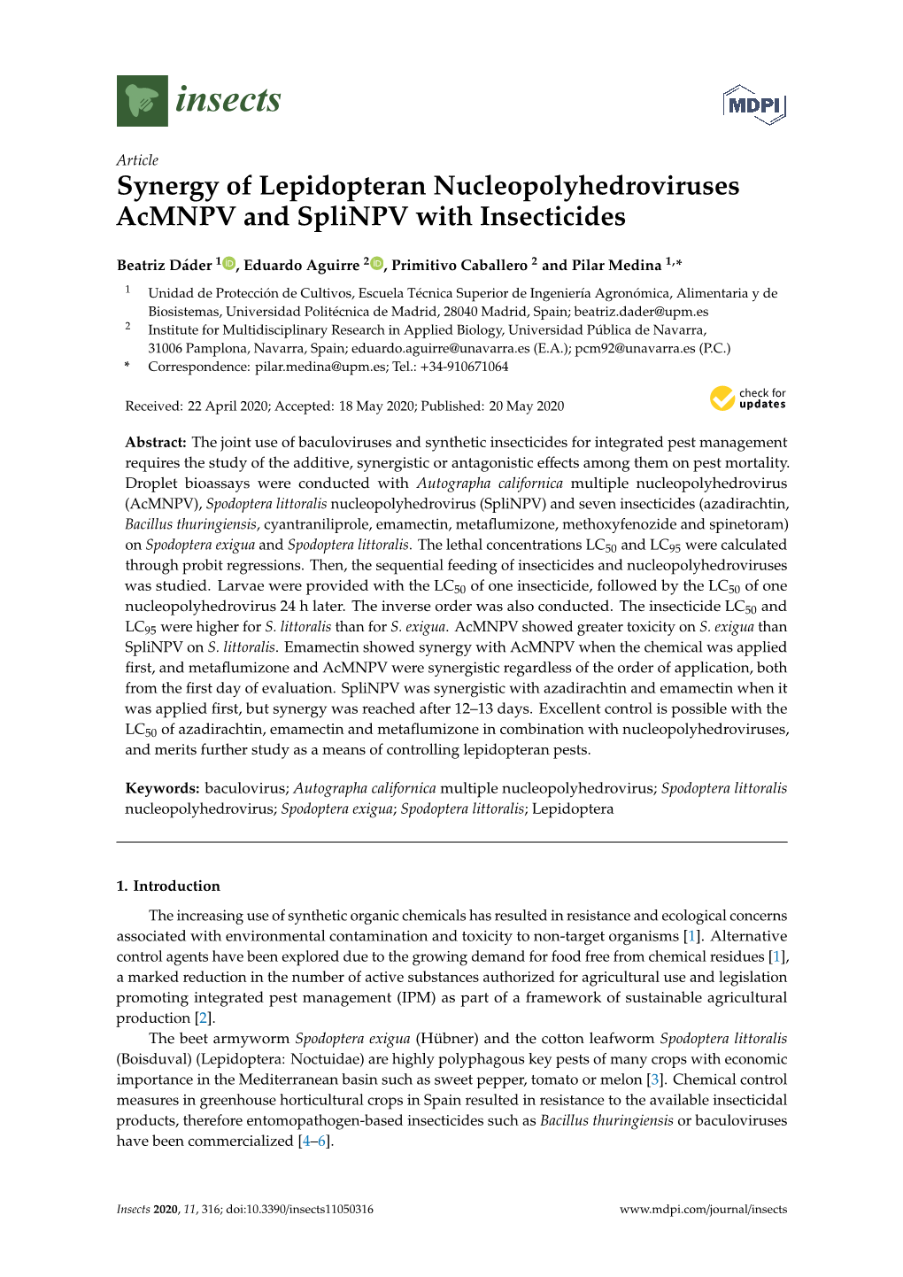 Synergy of Lepidopteran Nucleopolyhedroviruses Acmnpv and Splinpv with Insecticides